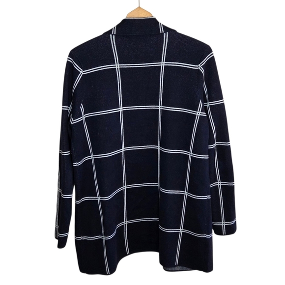 Loft | Navy Blue White Windowpane Striped Open Knit Sweater Blazer Size Large - Picture 6 of 6